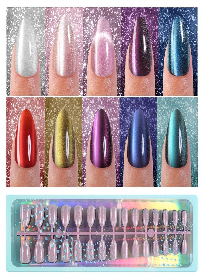 Vansiho 300Pcs Cat Eye Press on Nails, Glossy Glitter Cat Eye Designs Nail Tips for Women, Medium Almond Soft Gel Fake Nails, for Women and Girls Glossy Reusable Nail Tips in 15 Sizes - Image 1